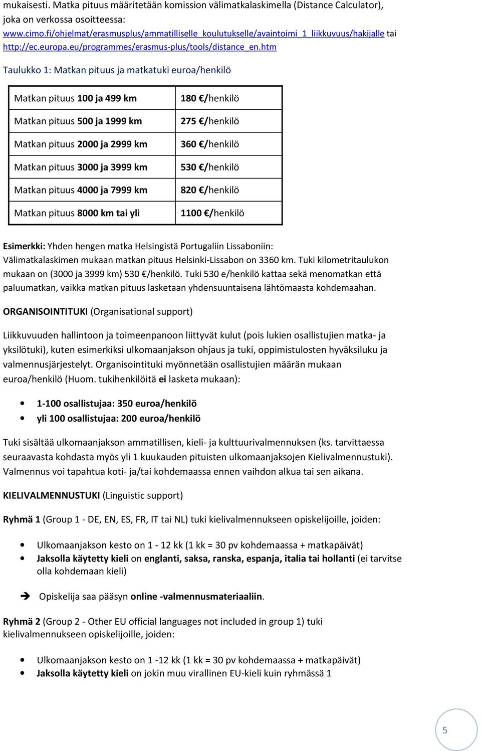 htm Taulukko 1: Matkan pituus ja matkatuki euroa/henkilö Matkan pituus 100 ja 499 km Matkan pituus 500 ja 1999 km Matkan pituus 2000 ja 2999 km Matkan pituus 3000 ja 3999 km Matkan pituus 4000 ja