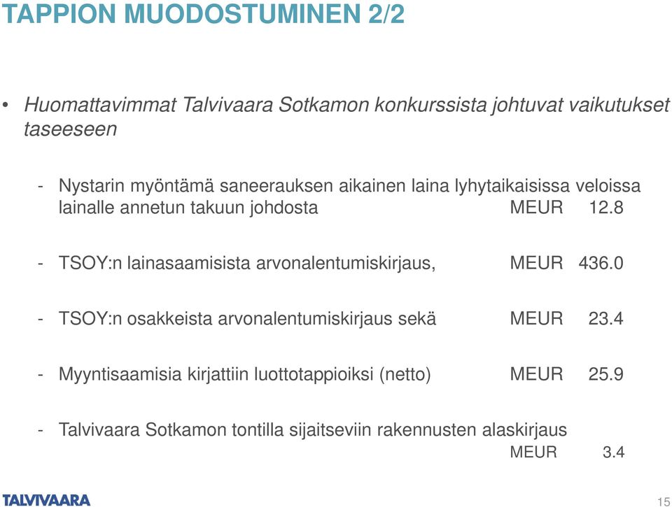 8 - TSOY:n lainasaamisista arvonalentumiskirjaus, MEUR 436.0 - TSOY:n osakkeista arvonalentumiskirjaus sekä MEUR 23.