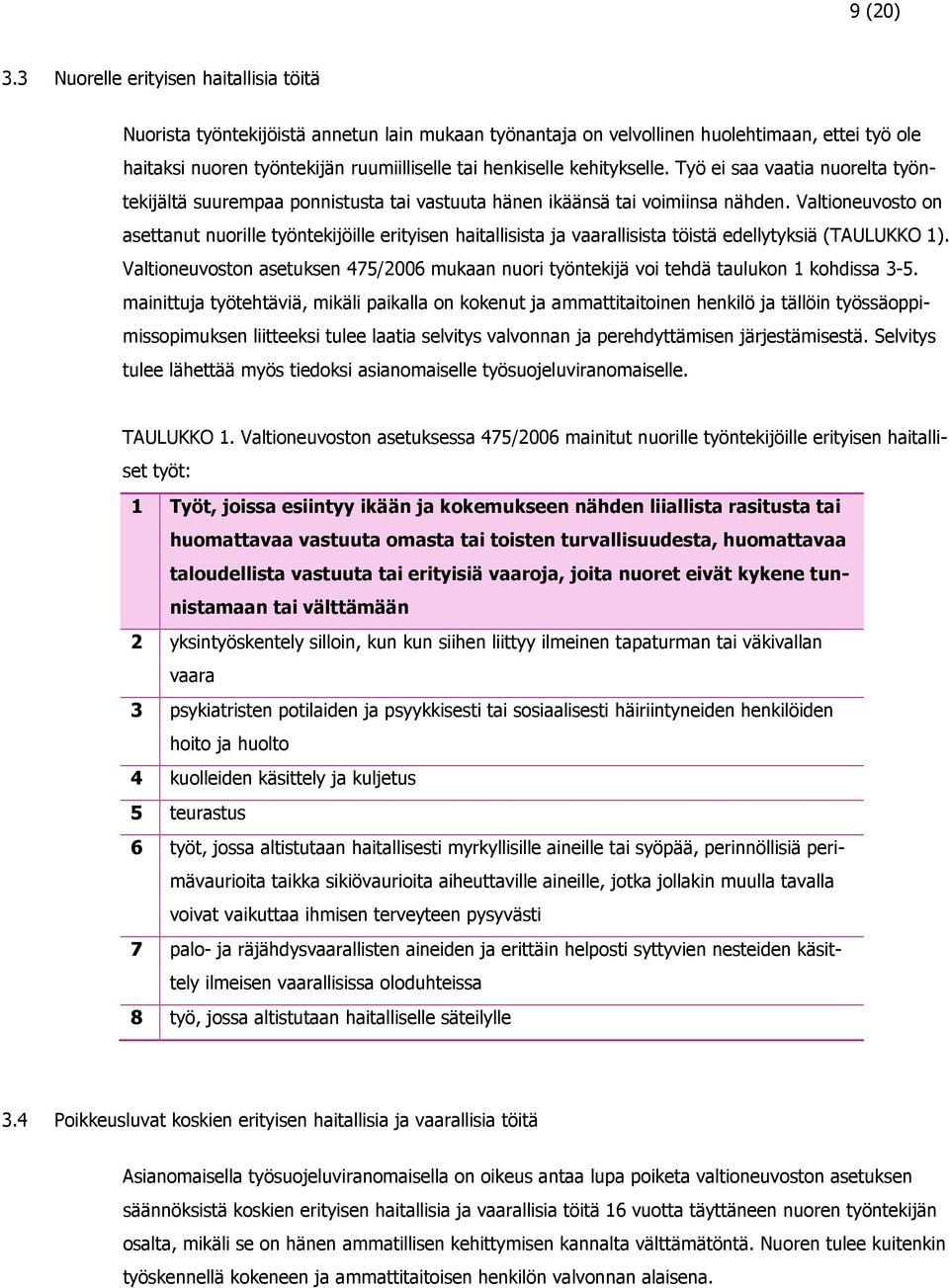 kehitykselle. Työ ei saa vaatia nuorelta työntekijältä suurempaa ponnistusta tai vastuuta hänen ikäänsä tai voimiinsa nähden.