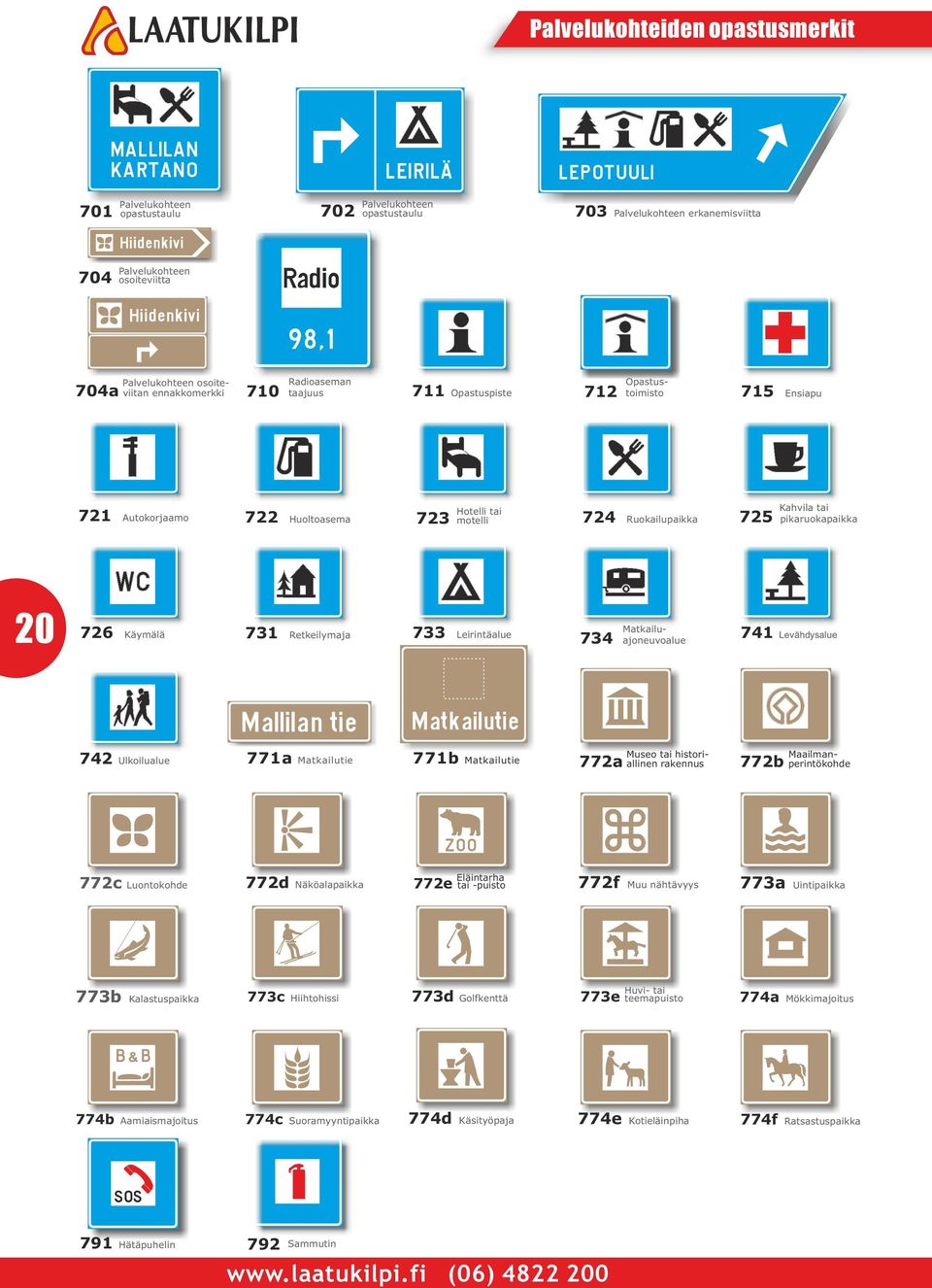 726 Käymälä 731 Retkeilymaja 733 Leirintäalue 734 Matkailuajoneuvoalue 741 Levähdysalue 742 Ulkoilualue 771a Matkailutie 771b Matkailutie Museo tai histori- 772a allinen rakennus Maailman- 772b