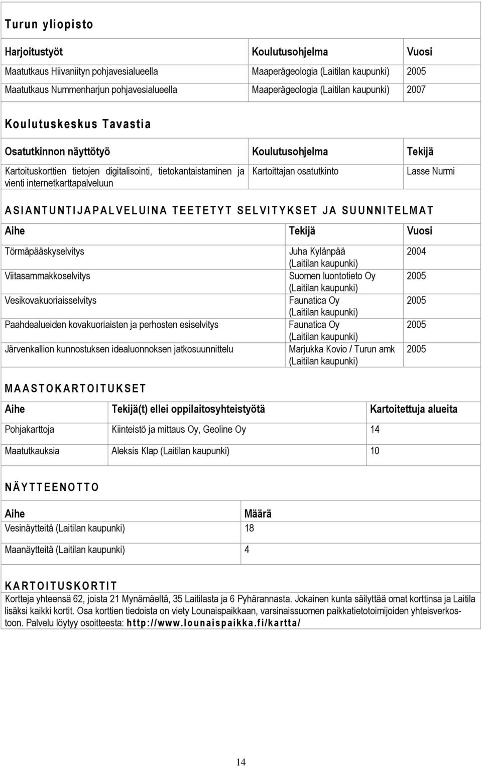 Kartoittajan osatutkinto Lasse Nurmi A S I A N T U N T I J A P A L V E L U I N A T E E T E T Y T S E L V I T Y K S E T J A S U U N N I T E L M A T Aihe Tekijä Vuosi Törmäpääskyselvitys