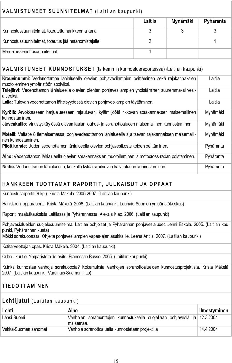 olevien pohjavesilampien peittäminen sekä rajakannaksien muotoileminen ympäristöön sopiviksi.