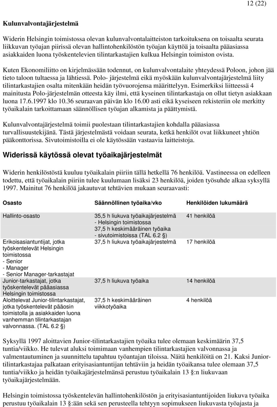 Kuten Ekonomiliitto on kirjelmässään todennut, on kulunvalvontalaite yhteydessä Poloon, johon jää tieto taloon tultaessa ja lähtiessä.