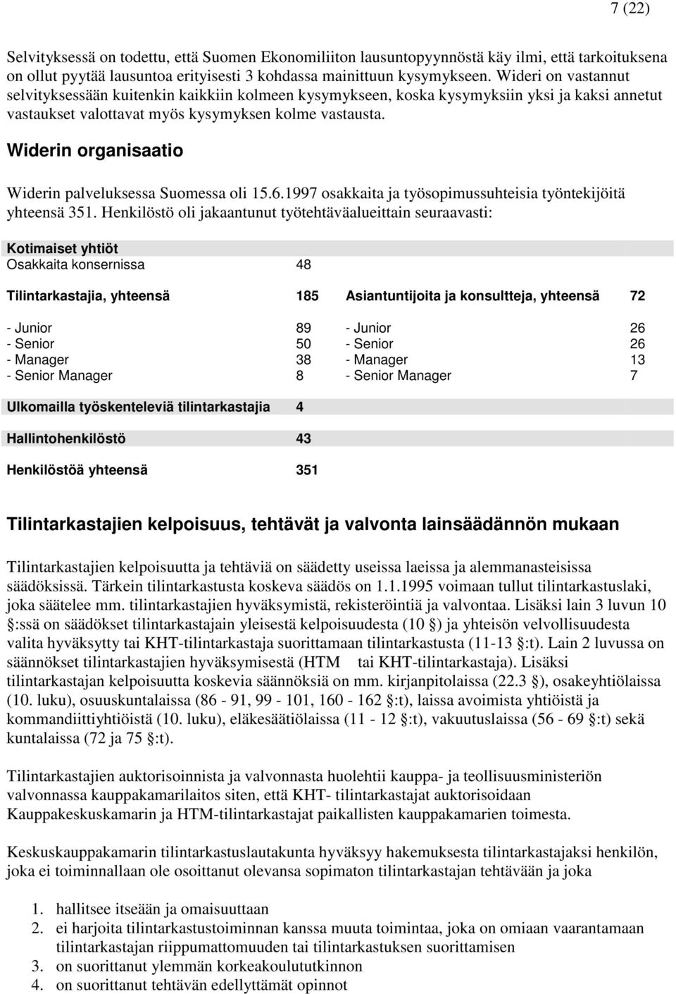 Widerin organisaatio Widerin palveluksessa Suomessa oli 15.6.1997 osakkaita ja työsopimussuhteisia työntekijöitä yhteensä 351.