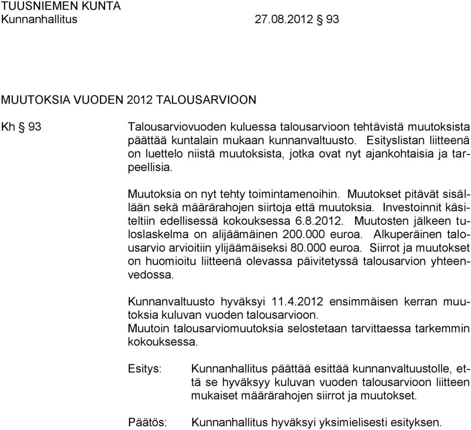 Muutokset pitävät sisällään sekä määrärahojen siirtoja että muutoksia. Investoinnit käsiteltiin edellisessä kokouksessa 6.8.2012. Muutosten jälkeen tuloslaskelma on alijäämäinen 200.000 euroa.