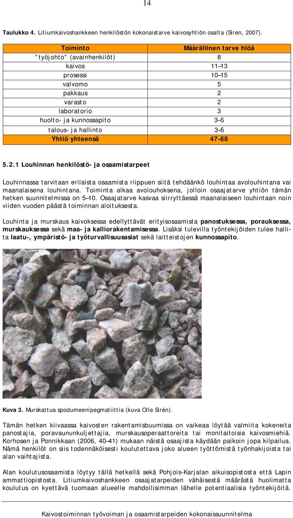 47 58 5.2.1 Louhinnan henkilöstö- ja osaamistarpeet Louhinnassa tarvitaan erilaista osaamista riippuen siitä tehdäänkö louhintaa avolouhintana vai maanalaisena louhintana.