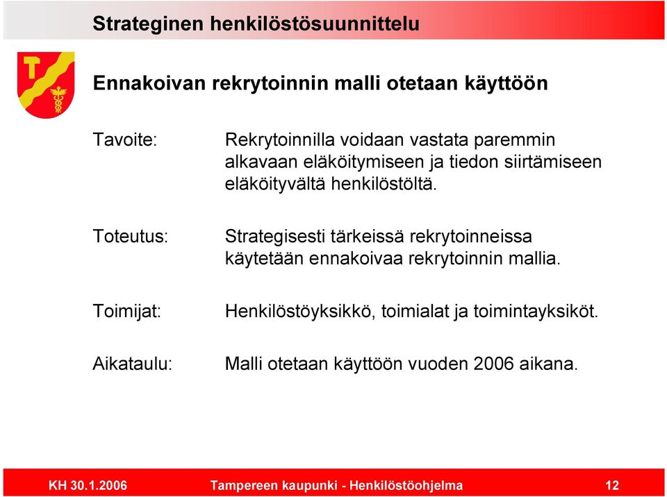 henkilöstöltä. Strategisesti tärkeissä rekrytoinneissa käytetään ennakoivaa rekrytoinnin mallia.