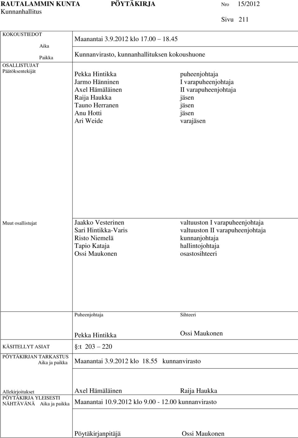 jäsen jäsen jäsen varajäsen Muut osallistujat Jaakko Vesterinen Sari Hintikka-Varis Risto Niemelä Tapio Kataja Ossi Maukonen valtuuston I varapuheenjohtaja valtuuston II varapuheenjohtaja