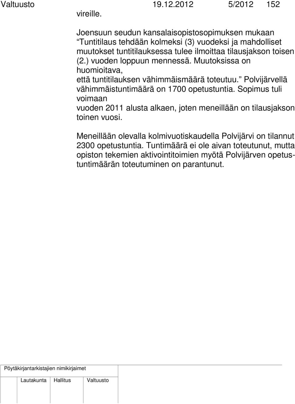 (2.) vuoden loppuun mennessä. Muutoksissa on huomioitava, että tuntitilauksen vähimmäismäärä toteutuu. Polvijärvellä vähimmäistuntimäärä on 1700 opetustuntia.