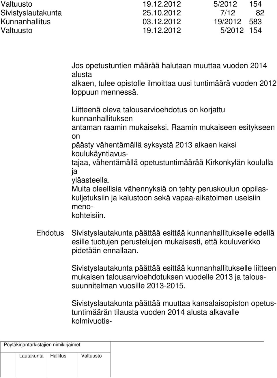 Raamin mukaiseen esitykseen on päästy vähentämällä syksystä 2013 alkaen kaksi koulukäyntiavustajaa, vähentämällä opetustuntimäärää Kirkonkylän koululla ja yläasteella.