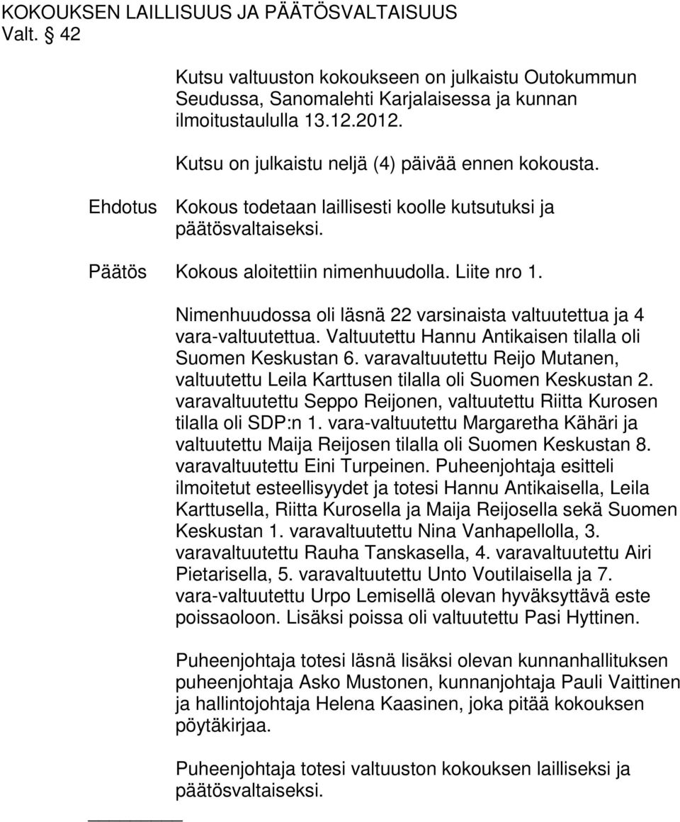 Nimenhuudossa oli läsnä 22 varsinaista valtuutettua ja 4 vara-valtuutettua. Valtuutettu Hannu Antikaisen tilalla oli Suomen Keskustan 6.