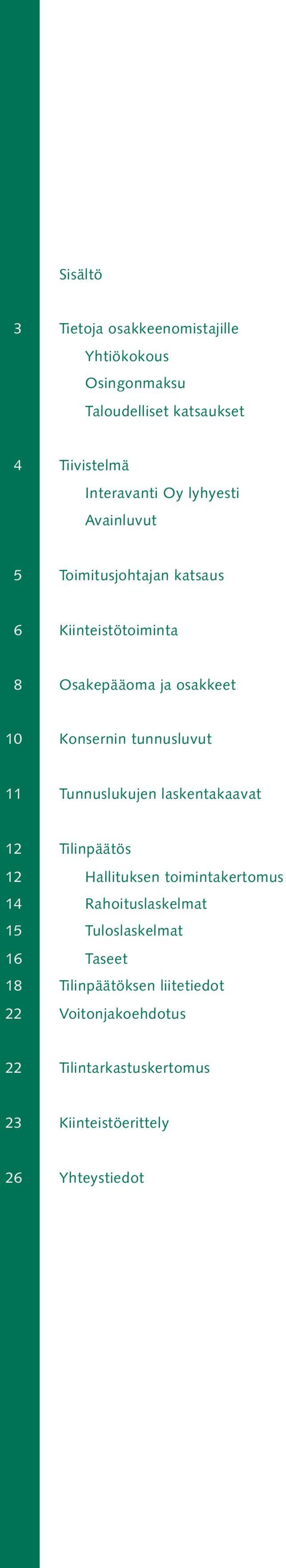 11 Tunnuslukujen laskentakaavat 12 Tilinpäätös 12 Hallituksen toimintakertomus 14 Rahoituslaskelmat 15 Tuloslaskelmat