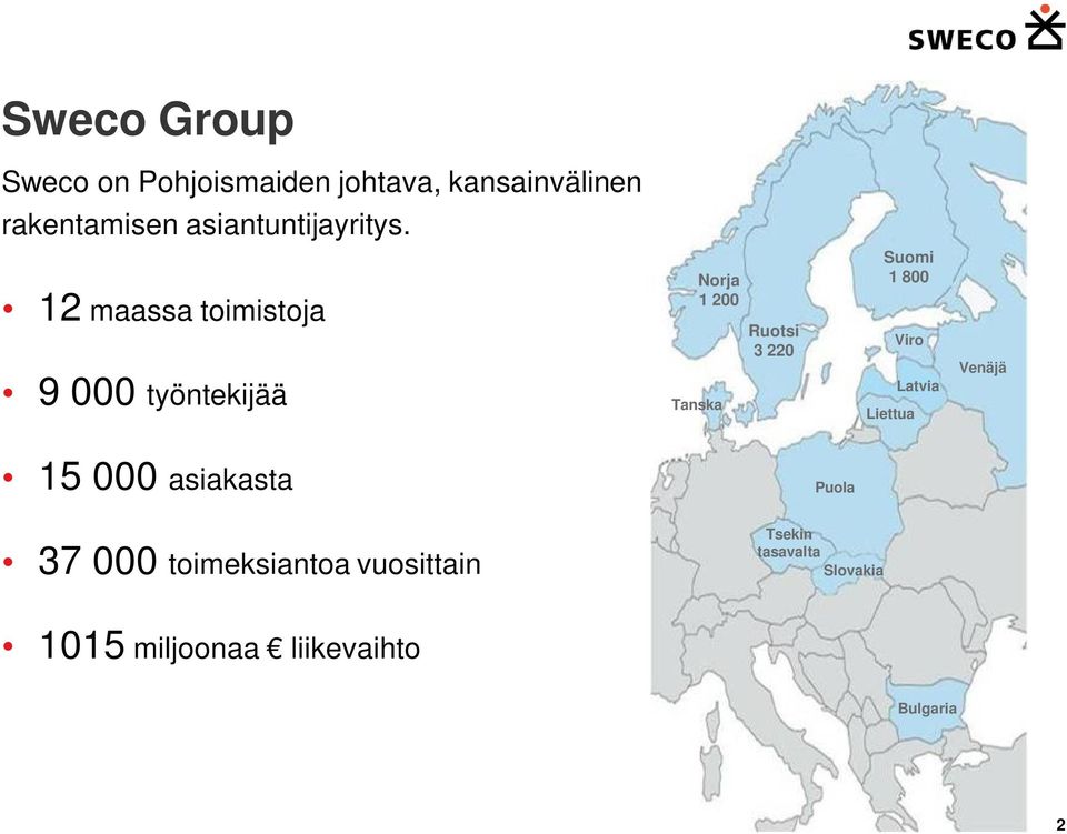 12 maassa toimistoja 9 000 työntekijää Norja 1 200 Tanska Ruotsi 3 220 Suomi 1