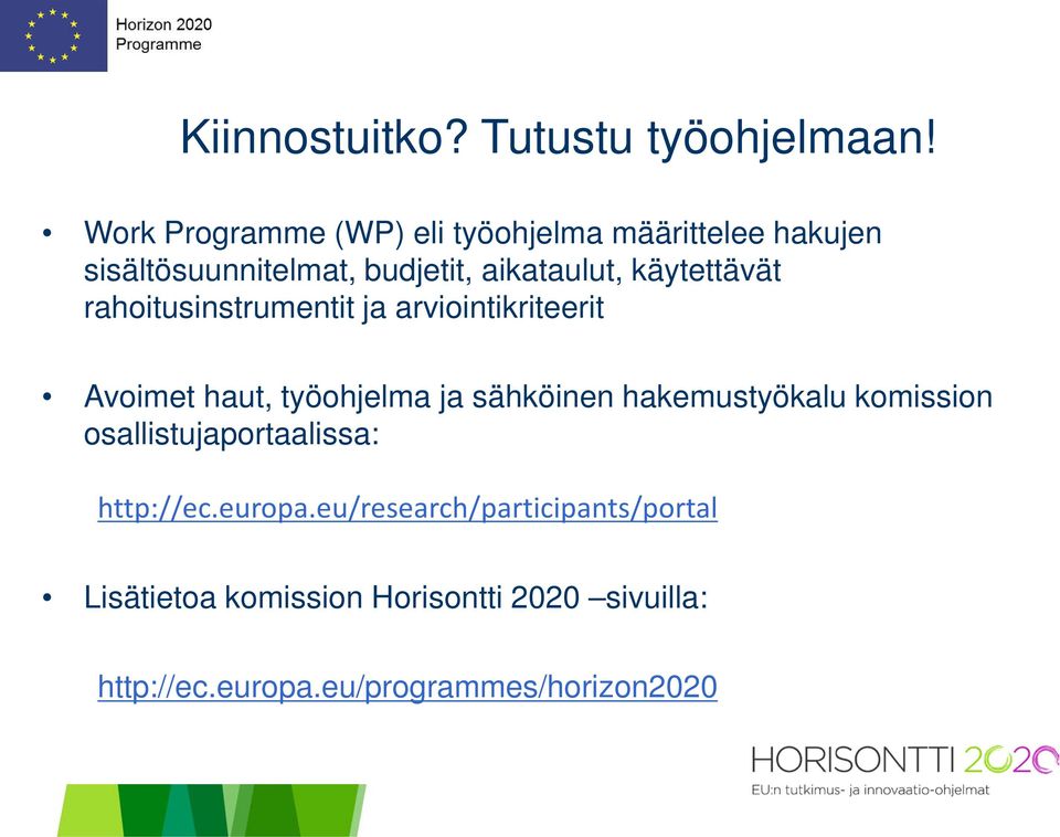 käytettävät rahoitusinstrumentit ja arviointikriteerit Avoimet haut, työohjelma ja sähköinen
