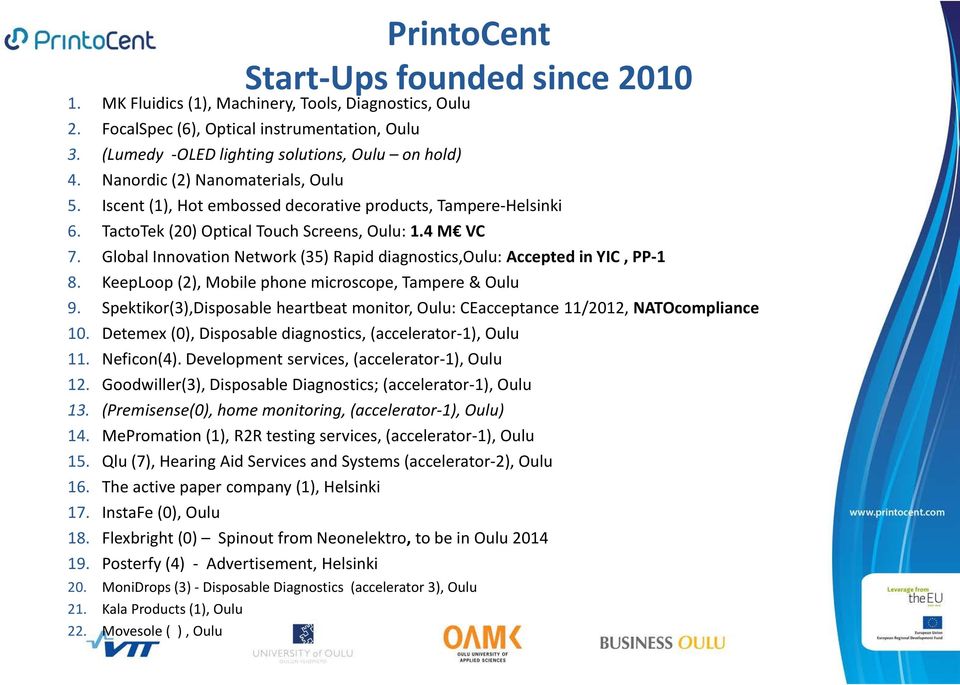 Global Innovation Network (35) Rapid diagnostics,oulu: Accepted in YIC, PP-1 8. KeepLoop (2), Mobile phone microscope, Tampere & Oulu 9.