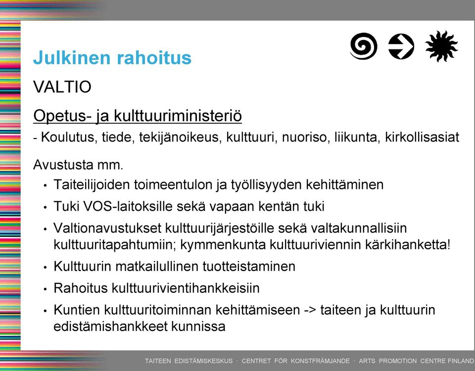 Taiteilijoiden toimeentulon ja työllisyyden kehittäminen Tuki VOS-laitoksille sekä vapaan kentän tuki Valtionavustukset