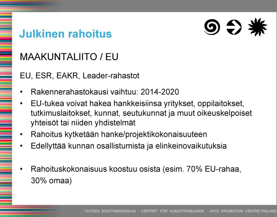 oikeuskelpoiset yhteisöt tai niiden yhdistelmät Rahoitus kytketään hanke/projektikokonaisuuteen Edellyttää