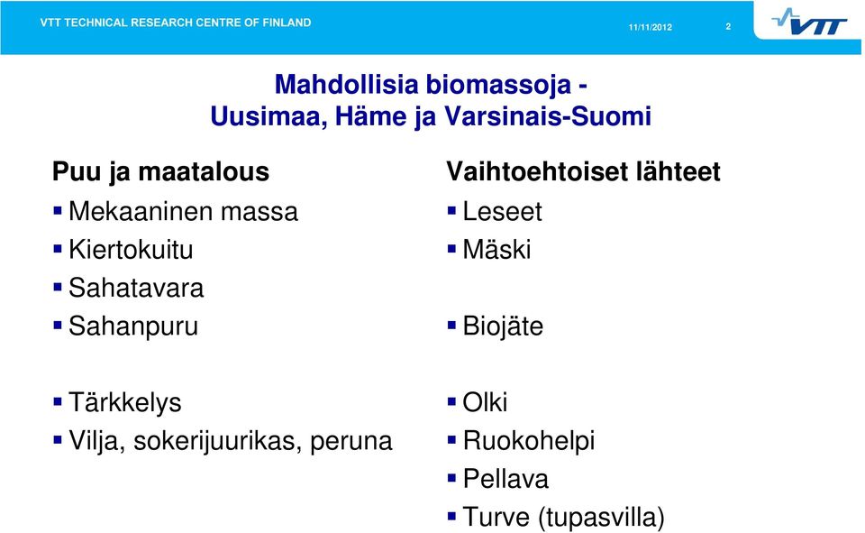 Vaihtoehtoiset lähteet Leseet Mäski Biojäte Tärkkelys Vilja,