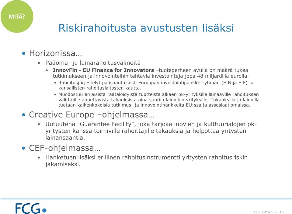 Muodostuu erilaisista räätälöidyistä tuotteista alkaen pk-yrityksille lainaaville rahoituksen välittäjille annettavista takauksista aina suoriin lainoihin yrityksille.