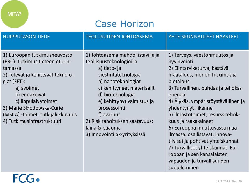 tieto-ja viestintäteknologia b) nanoteknologiat c) kehittyneet materiaalit d) bioteknologia e) kehittynyt valmistus ja prosessointi f) avaruus 2) Riskirahoituksen saatavuus: laina & pääoma 3)