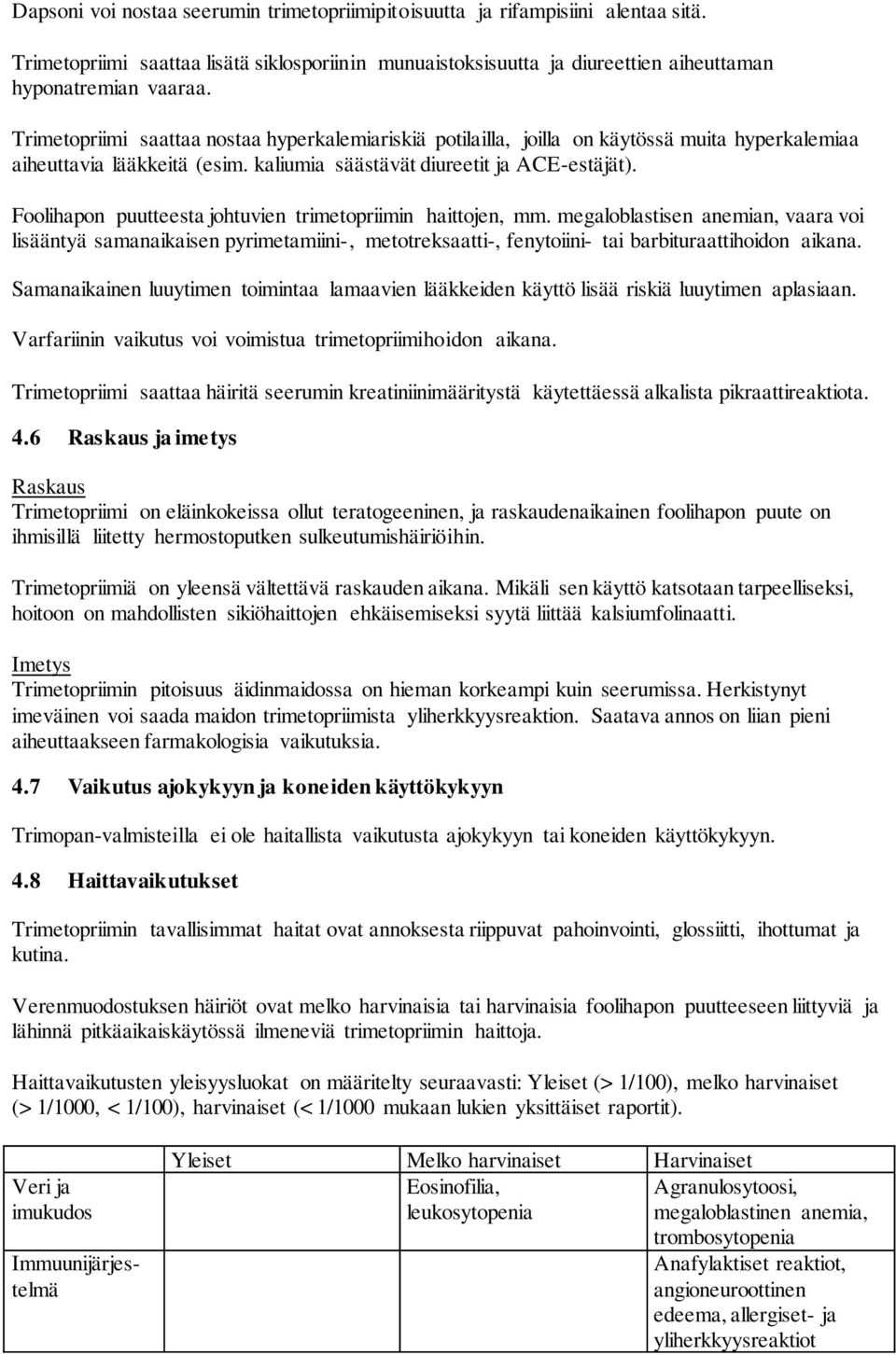 Foolihapon puutteesta johtuvien trimetopriimin haittojen, mm. megaloblastisen anemian, vaara voi lisääntyä samanaikaisen pyrimetamiini-, metotreksaatti-, fenytoiini- tai barbituraattihoidon aikana.