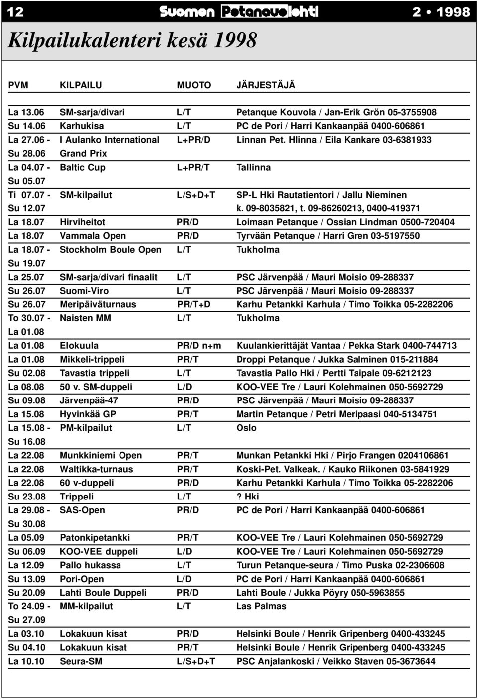 07 - Baltic Cup L+PR/T Tallinna Su 05.07 Ti 07.07 - SM-kilpailut L/S+D+T SP-L Hki Rautatientori / Jallu Nieminen Su 12.07 k. 09-8035821, t. 09-86260213, 0400-419371 La 18.