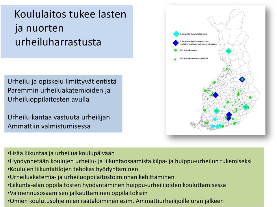 huippu-urheilun tukemiseksi Koulujen liikuntatilojen tehokas hyödyntäminen Urheiluakatemia- ja urheiluoppilaitostoiminnan kehittäminen Liikunta-alan oppilaitosten