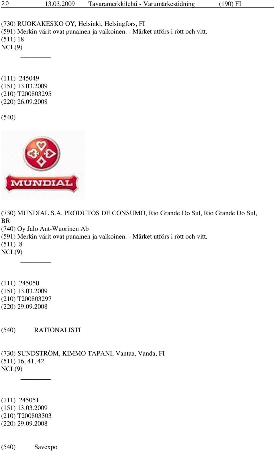 S.A. PRODUTOS DE CONSUMO, Rio Grande Do Sul, Rio Grande Do Sul, BR (740) Oy Jalo Ant-Wuorinen Ab (591) Merkin värit ovat punainen ja valkoinen.