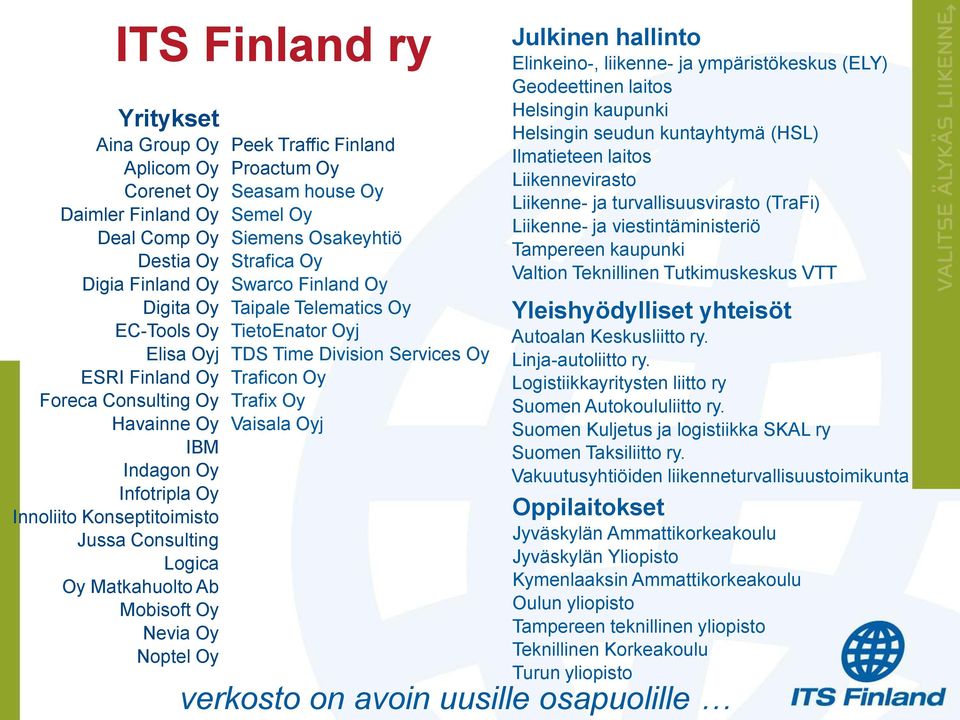 Osakeyhtiö Strafica Oy Swarco Finland Oy Taipale Telematics Oy TietoEnator Oyj TDS Time Division Services Oy Traficon Oy Trafix Oy Vaisala Oyj Julkinen hallinto ( ELY ) Elinkeino-, liikenne- ja