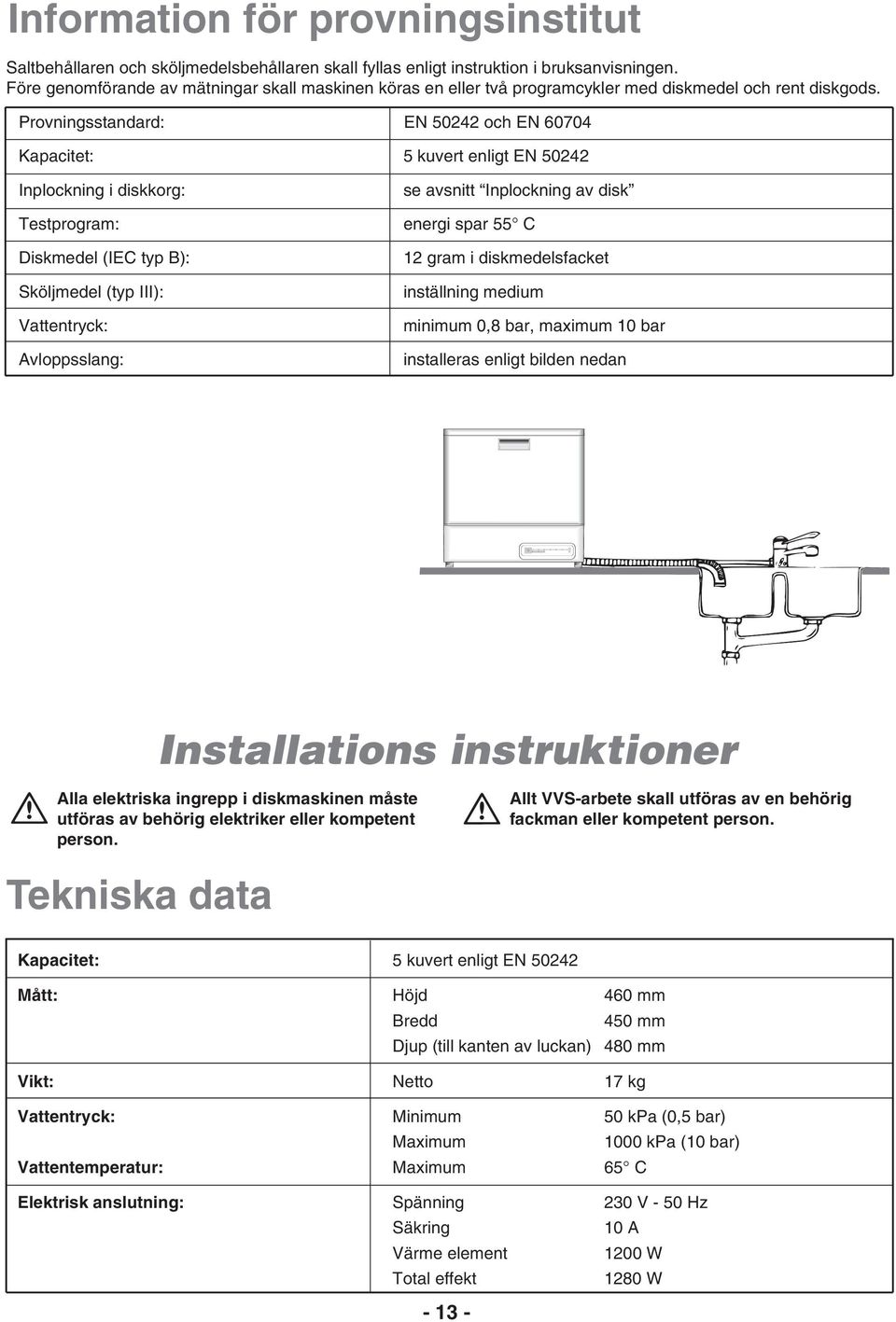 Provningsstandard: EN 50242 och EN 60704 Kapacitet: 5 kuvert enligt EN 50242 Inplockning i diskkorg: Testprogram: Diskmedel (IEC typ B): Sköljmedel (typ III): Vattentryck: Avloppsslang: se avsnitt