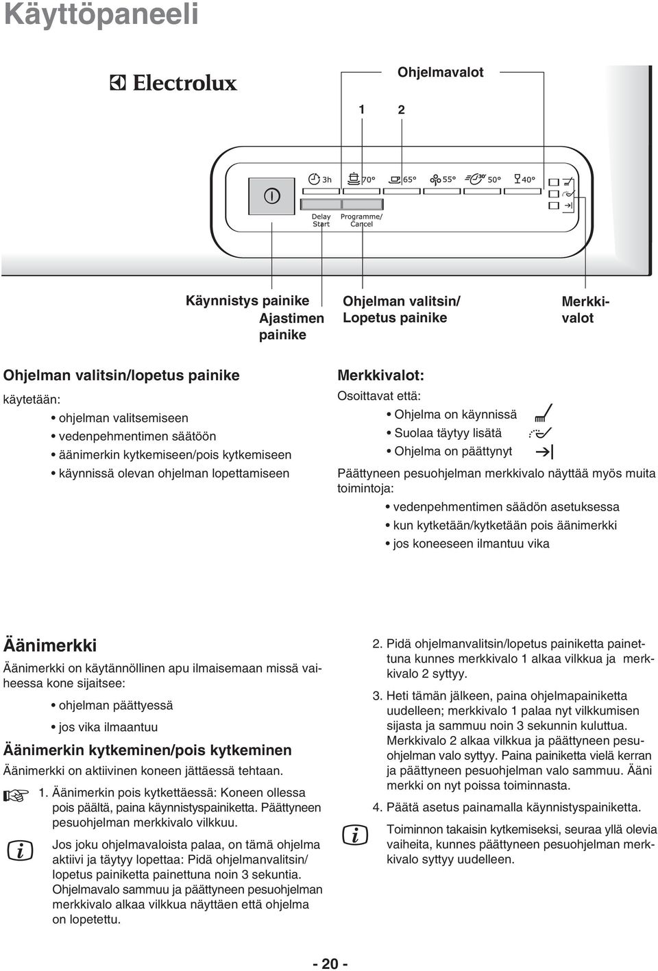 pesuohjelman merkkivalo näyttää myös muita toimintoja: vedenpehmentimen säädön asetuksessa kun kytketään/kytketään pois äänimerkki jos koneeseen ilmantuu vika Äänimerkki Äänimerkki on käytännöllinen