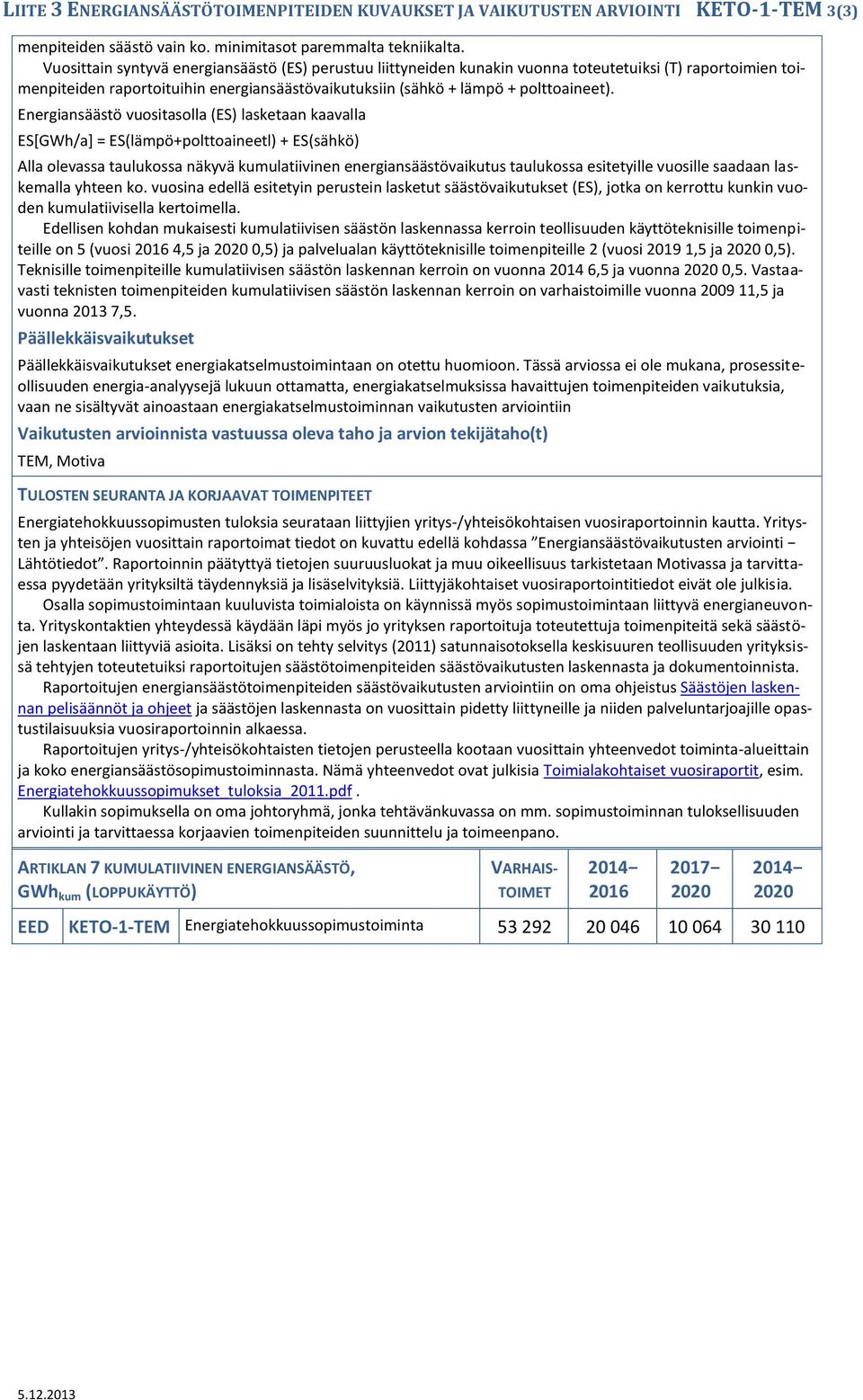 Energiansäästö vuositasolla (ES) lasketaan kaavalla ES[GWh/a] = ES(lämpö+polttoaineetl) + ES(sähkö) Alla olevassa taulukossa näkyvä kumulatiivinen energiansäästövaikutus taulukossa esitetyille