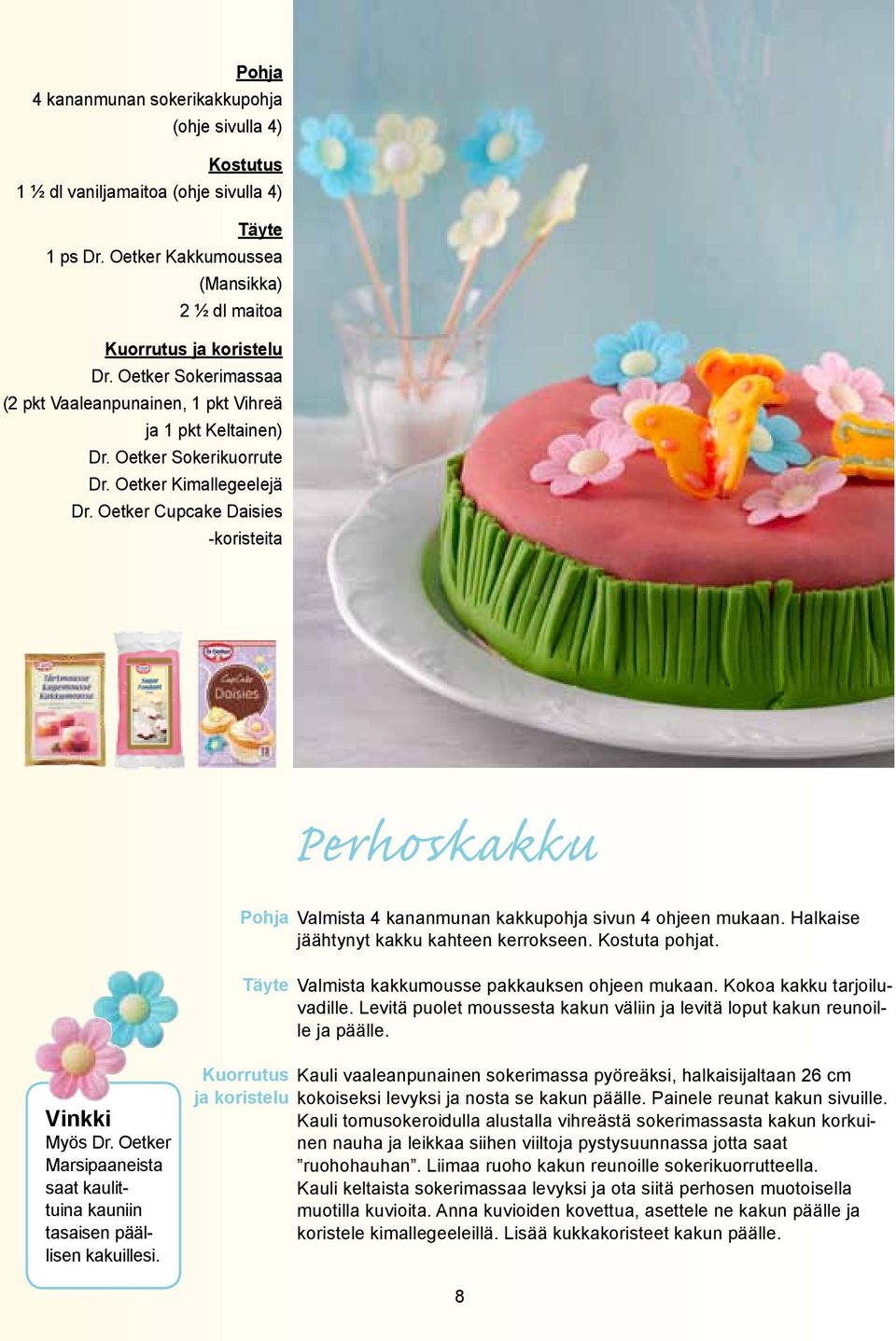 Oetker Cupcake Daisies -koristeita Perhoskakku Pohja Valmista 4 kananmunan kakkupohja sivun 4 ohjeen mukaan. Halkaise jäähtynyt kakku kahteen kerrokseen. Kostuta pohjat.