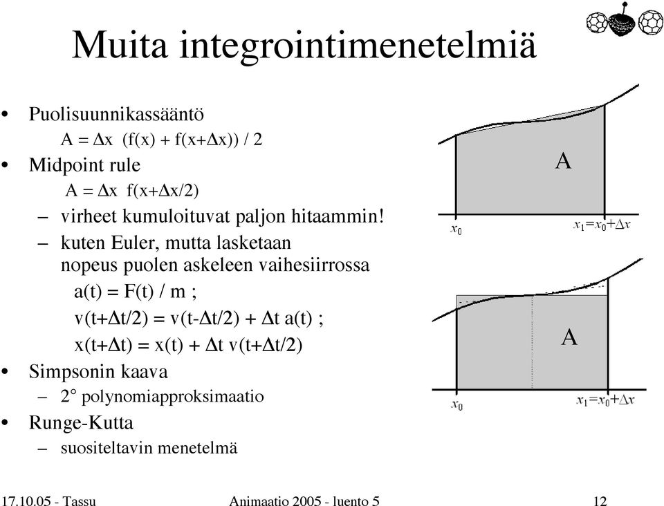 kuten Euler, mutta lasketaan nopeus puolen askeleen vaihesiirrossa a(t) = F(t) / m ; v(t+ t/2) = v(t-