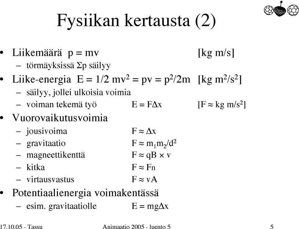 Vuorovaikutusvoimia jousivoima F x gravitaatio F m 1 m 2 /d 2 magneettikenttä F qb v kitka F Fn