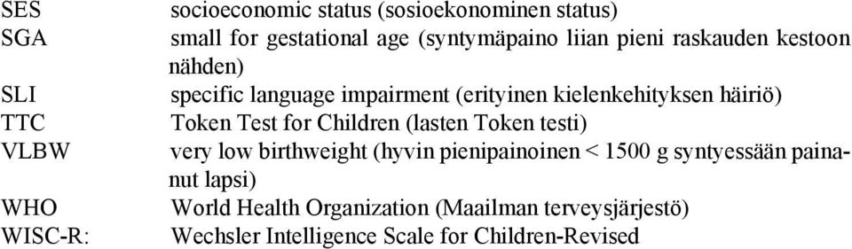 häiriö) Token Test for Children (lasten Token testi) very low birthweight (hyvin pienipainoinen < 1500 g