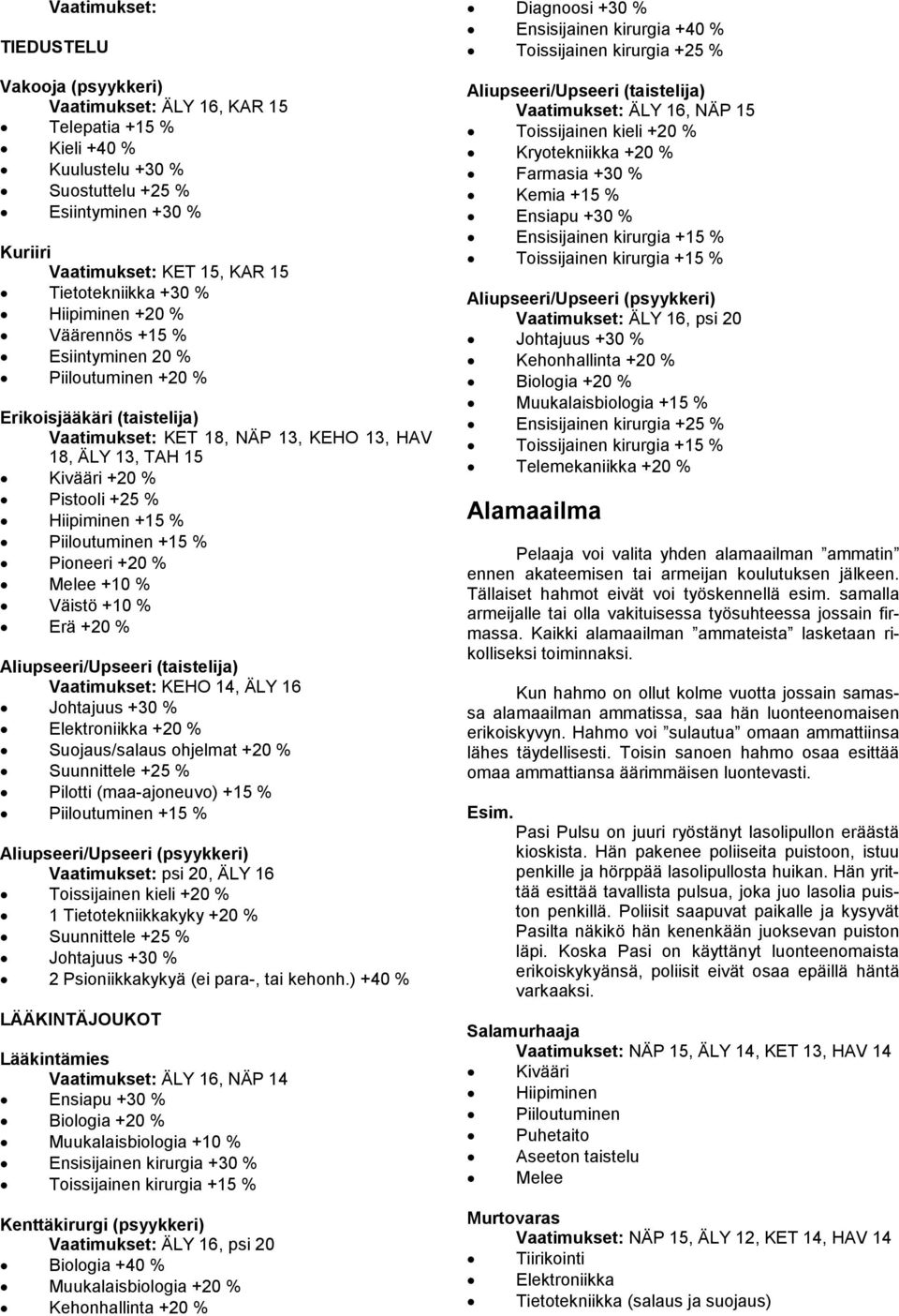 Pistooli +25 % Hiipiminen +15 % Piiloutuminen +15 % Pioneeri +20 % Melee +10 % Väistö +10 % Erä +20 % Aliupseeri/Upseeri (taistelija) Vaatimukset: KEHO 14, ÄLY 16 Johtajuus +30 % Elektroniikka +20 %