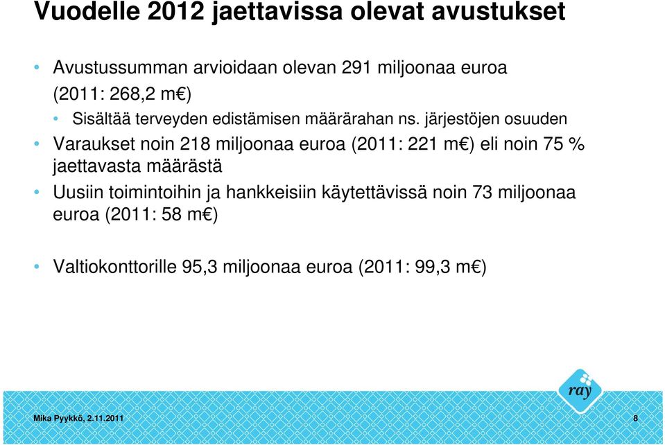 järjestöjen osuuden Varaukset noin 218 miljoonaa euroa (2011: 221 m ) eli noin 75 % jaettavasta määrästä