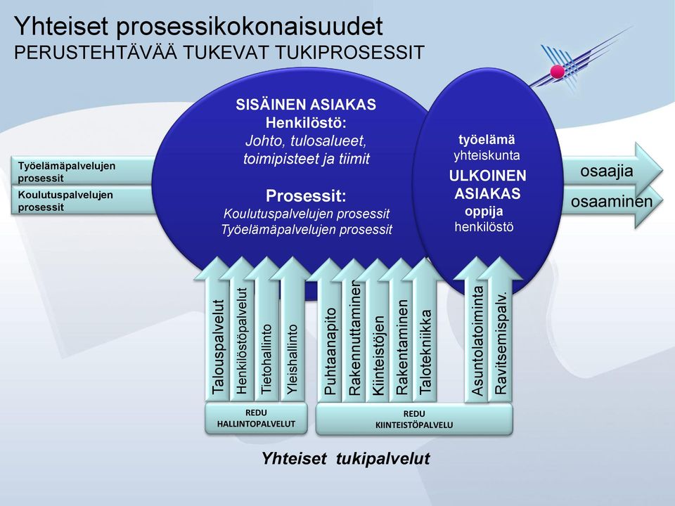 Työelämäpalvelujen prosessit Koulutuspalvelujen prosessit SISÄINEN ASIAKAS Henkilöstö: Johto, tulosalueet, toimipisteet ja tiimit Prosessit: