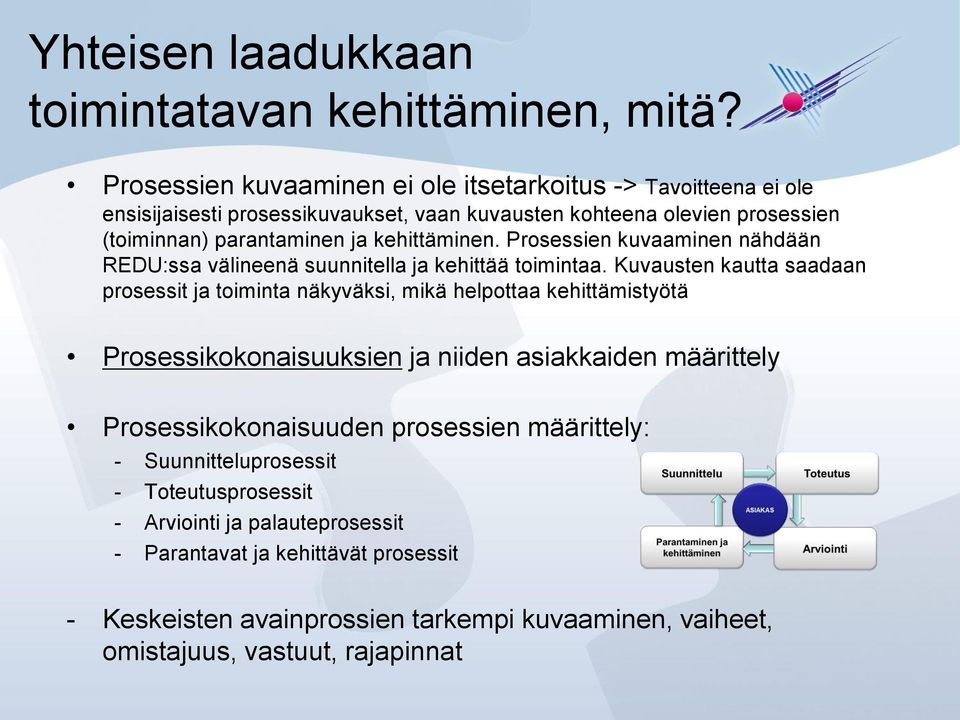 kehittäminen. Prosessien kuvaaminen nähdään REDU:ssa välineenä suunnitella ja kehittää toimintaa.