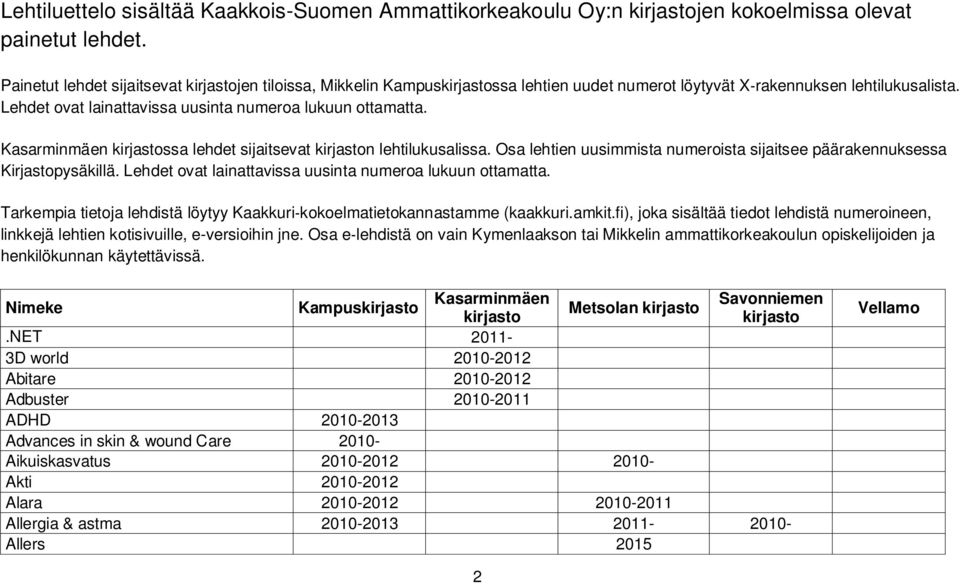 Kasarminmäen kirjastossa lehdet sijaitsevat kirjaston lehtilukusalissa. Osa lehtien uusimmista numeroista sijaitsee päärakennuksessa Kirjastopysäkillä.