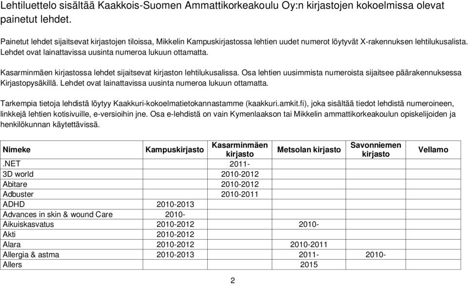 Kasarminmäen kirjastossa lehdet sijaitsevat kirjaston lehtilukusalissa. Osa lehtien uusimmista numeroista sijaitsee päärakennuksessa Kirjastopysäkillä.