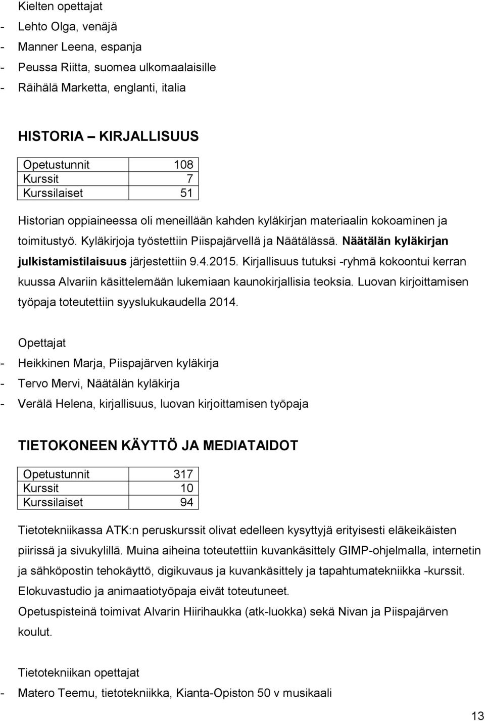 Näätälän kyläkirjan julkistamistilaisuus järjestettiin 9.4.2015. Kirjallisuus tutuksi -ryhmä kokoontui kerran kuussa Alvariin käsittelemään lukemiaan kaunokirjallisia teoksia.
