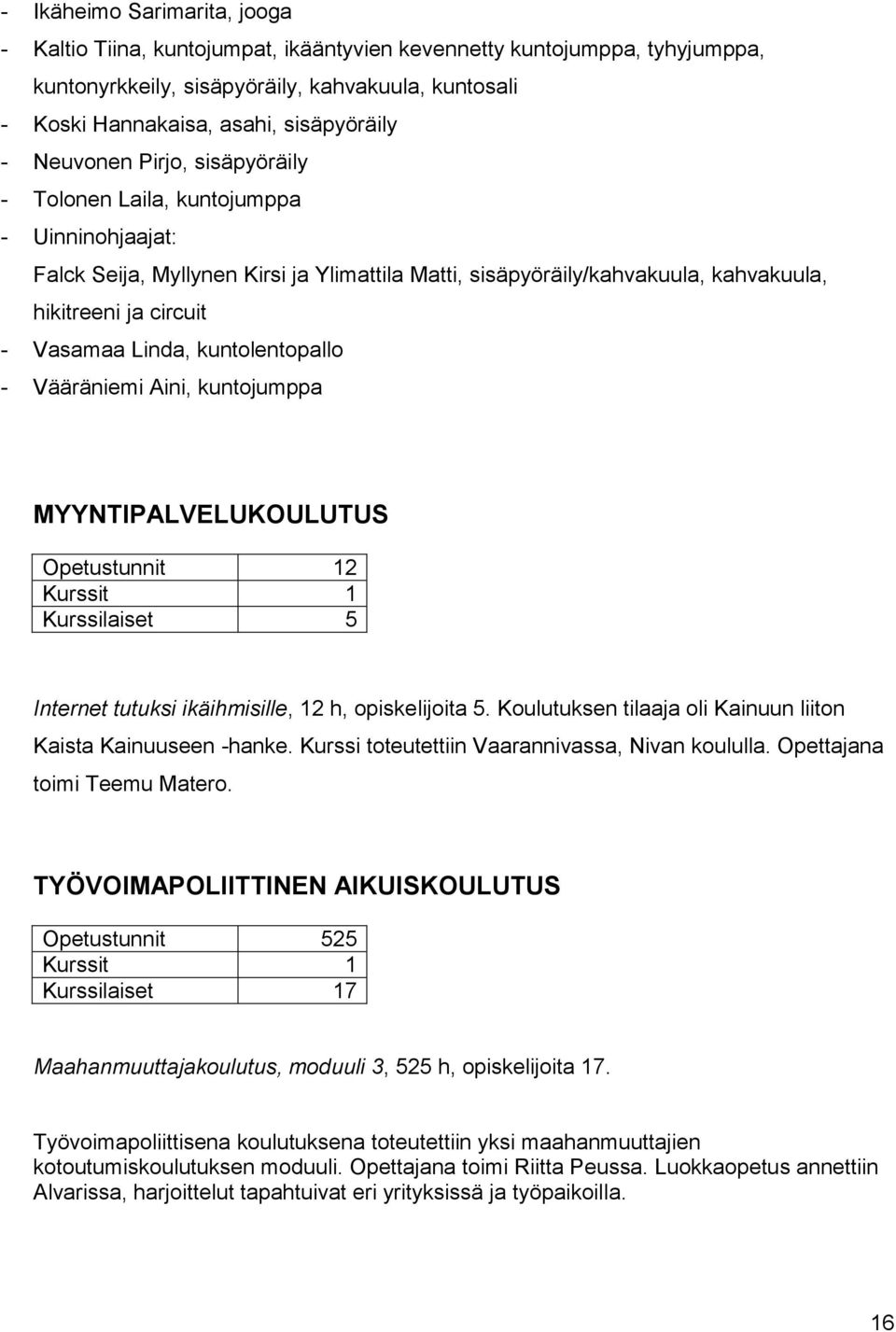 Linda, kuntolentopallo - Vääräniemi Aini, kuntojumppa MYYNTIPALVELUKOULUTUS Opetustunnit 12 Kurssit 1 Kurssilaiset 5 Internet tutuksi ikäihmisille, 12 h, opiskelijoita 5.