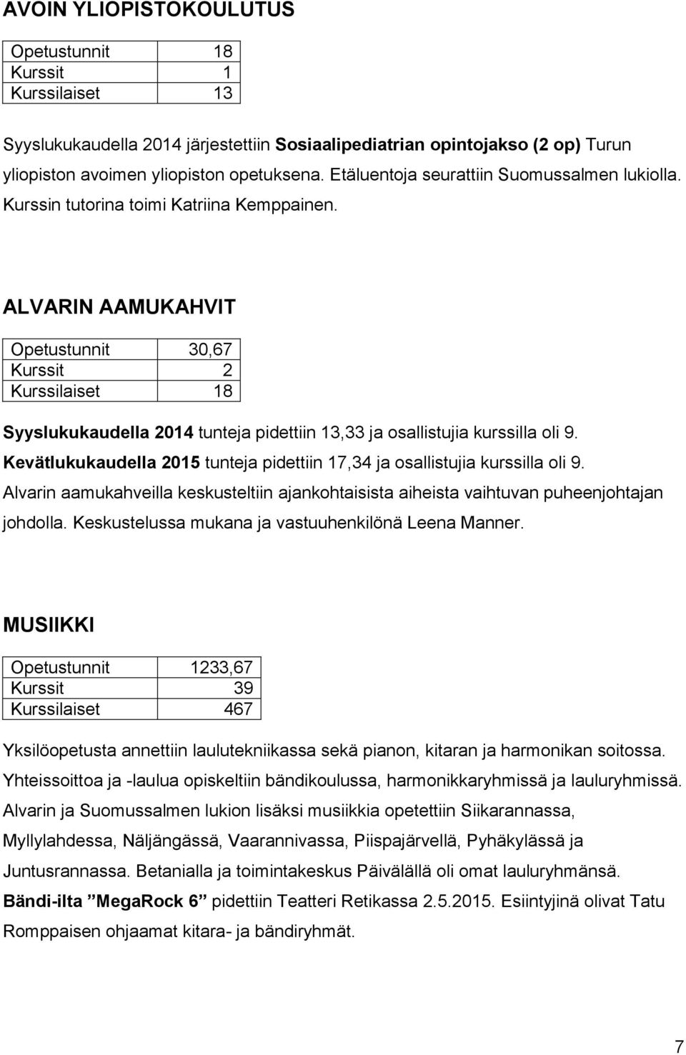 ALVARIN AAMUKAHVIT Opetustunnit 30,67 Kurssit 2 Kurssilaiset 18 Syyslukukaudella 2014 tunteja pidettiin 13,33 ja osallistujia kurssilla oli 9.