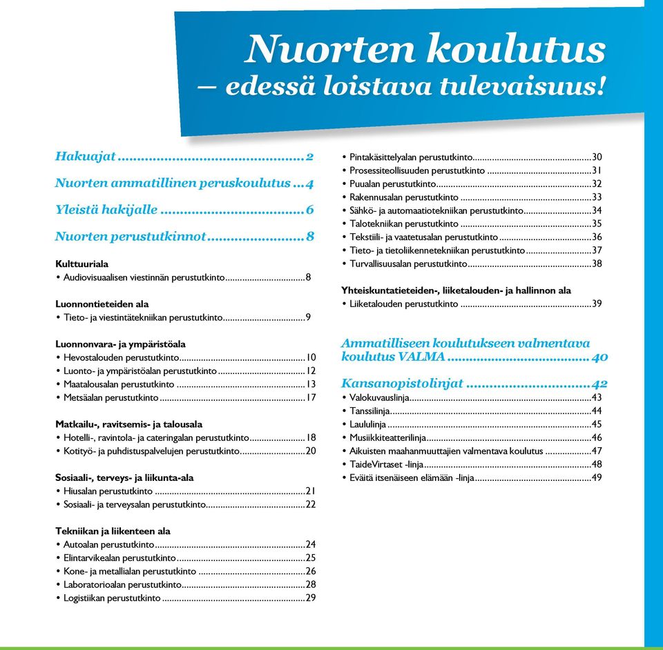 ..10 Luonto- ja ympäristöalan perustutkinto...12 Maatalousalan perustutkinto...13 Metsäalan perustutkinto...17 Matkailu-, ravitsemis- ja talousala Hotelli-, ravintola- ja cateringalan perustutkinto.