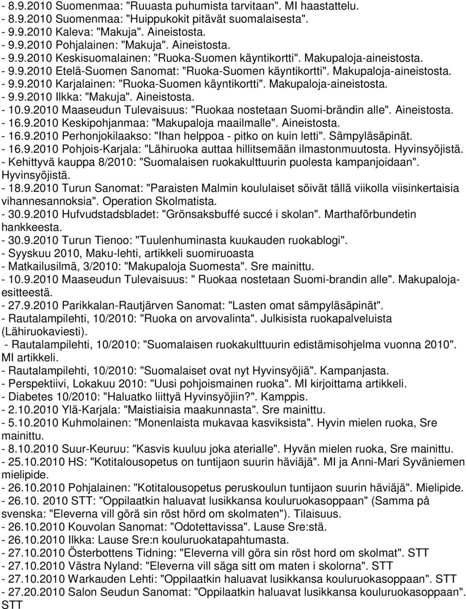 Makupaloja-aineistosta. - 9.9.2010 Ilkka: "Makuja". Aineistosta. - 10.9.2010 Maaseudun Tulevaisuus: "Ruokaa nostetaan Suomi-brändin alle". Aineistosta. - 16.9.2010 Keskipohjanmaa: "Makupaloja maailmalle".