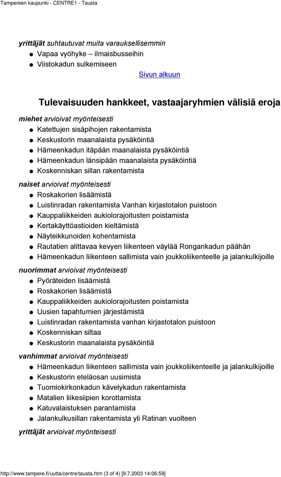 Koskenniskan sillan rakentamista naiset arvioivat myönteisesti Roskakorien lisäämistä Luistinradan rakentamista Vanhan kirjastotalon puistoon Kauppaliikkeiden aukiolorajoitusten poistamista