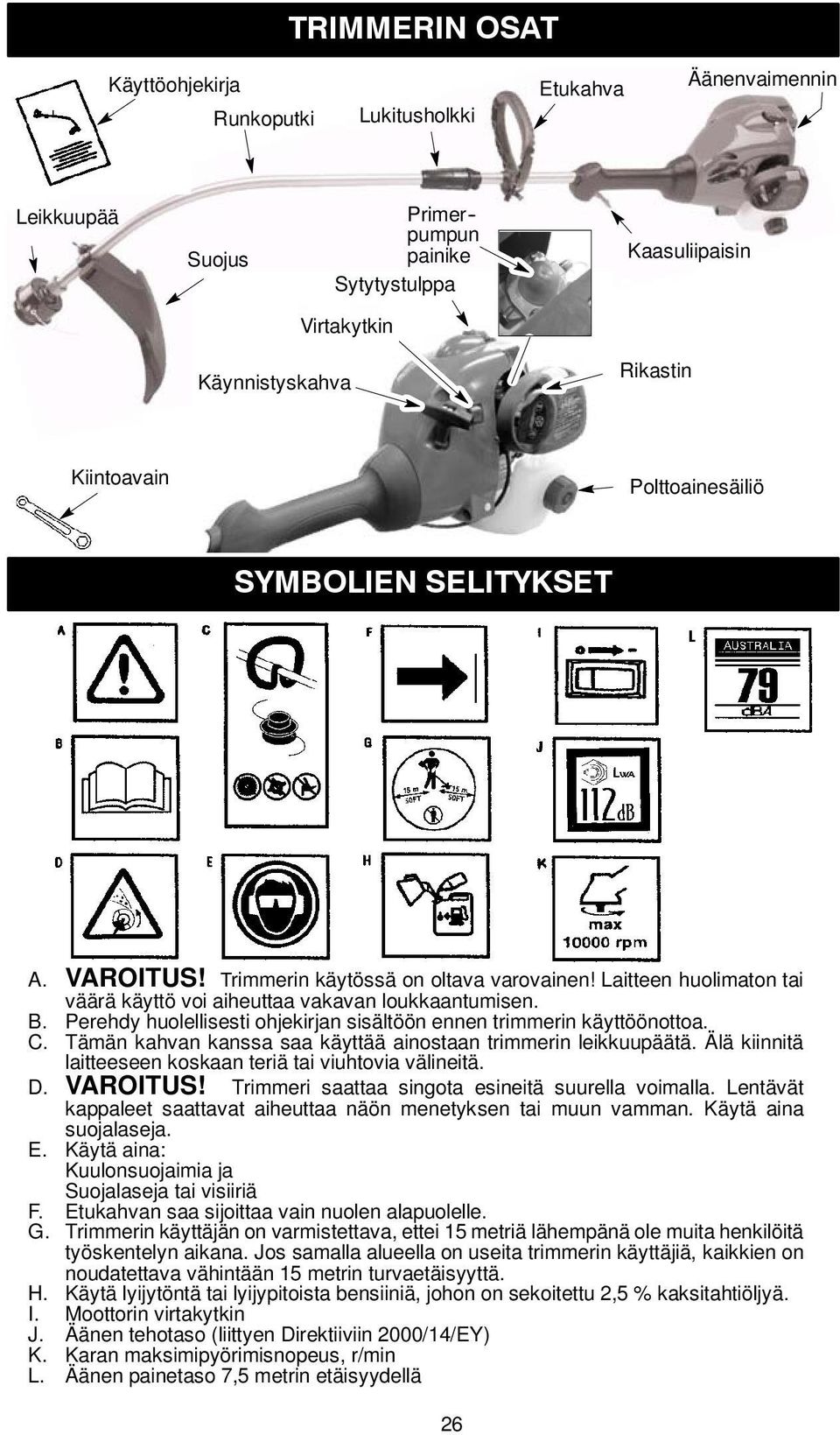 Perehdy huolellisesti ohjekirjan sisältöön ennen trimmerin käyttöönottoa. C. Tämän kahvan kanssa saa käyttää ainostaan trimmerin leikkuupäätä.