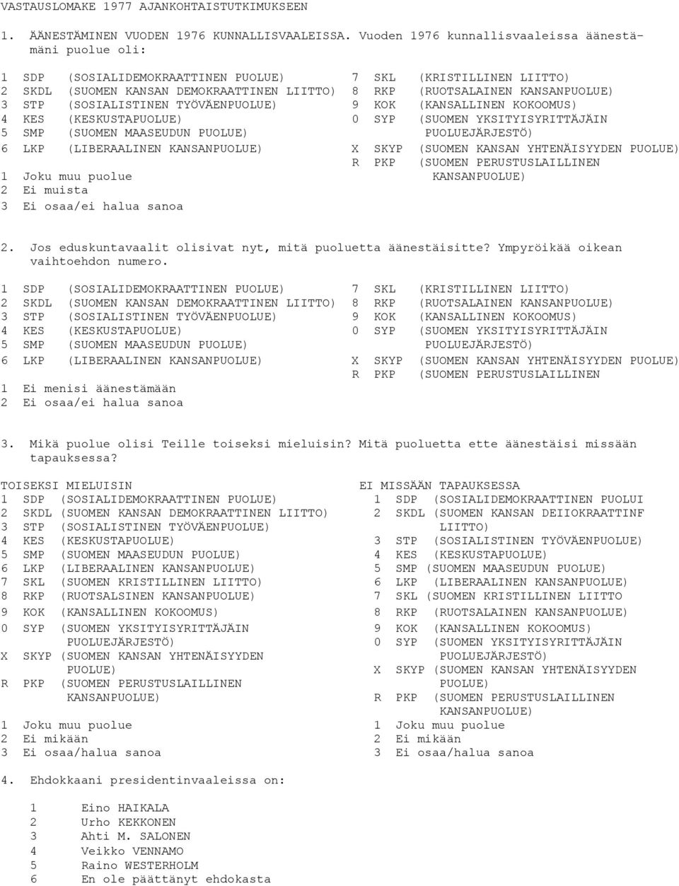 3 STP (SOSIALISTINEN TYÖVÄENPUOLUE) 9 KOK (KANSALLINEN KOKOOMUS) 4 KES (KESKUSTAPUOLUE) 0 SYP (SUOMEN YKSITYISYRITTÄJÄIN 5 SMP (SUOMEN MAASEUDUN PUOLUE) PUOLUEJÄRJESTÖ) 6 LKP (LIBERAALINEN